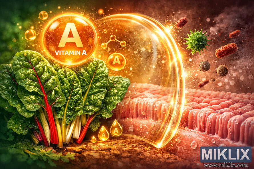 Illustration showing Swiss chard on the left, a glowing vitamin A capsule and droplets in the center, and a protected pink mucous membrane behind a curved golden shield on the right, with viruses and irritants deflected outside the shield. Illustration showing Swiss chard on the left, a glowing vitamin A capsule and droplets in the center, and a protected pink mucous membrane behind a curved golden shield on the right, with viruses and irritants deflected outside the shield.