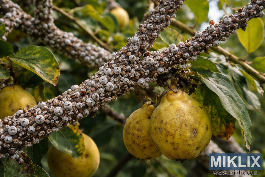 High-resolution landscape photo of a quince tree branch covered in scale insects with yellow quinces hanging beneath damaged green leaves.