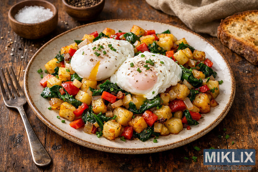 A rustic breakfast dish on a wooden table featuring golden-brown diced potatoes sautéed with red bell peppers, translucent onions, and wilted spinach, topped with two poached eggs sprinkled with black pepper and chopped chives, served on an off-white ceramic plate with a brown rustic rim, accompanied by a tarnished fork, small wooden bowls of coarse salt and cracked pepper, a slice of crusty toasted bread, and a beige linen napkin in the background. A rustic breakfast dish on a wooden table featuring golden-brown diced potatoes sautéed with red bell peppers, translucent onions, and wilted spinach, topped with two poached eggs sprinkled with black pepper and chopped chives, served on an off-white ceramic plate with a brown rustic rim, accompanied by a tarnished fork, small wooden bowls of coarse salt and cracked pepper, a slice of crusty toasted bread, and a beige linen napkin in the background.