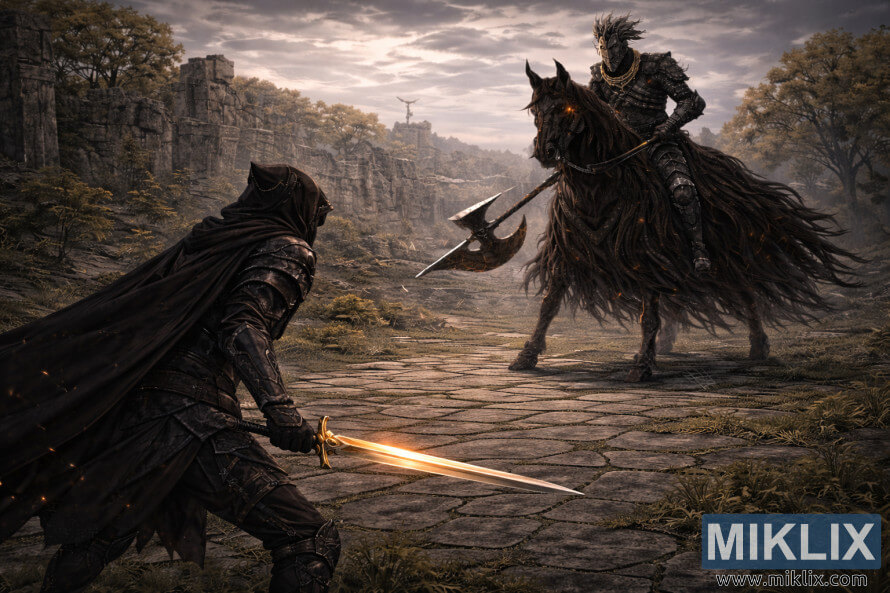 Realistisk mÃ¸rk fantasi-scene av en hettekledd, pansret kriger med et glÃ¸dende sverd sett bakfra, konfrontert med en ruvende, bereden mÃ¸rk ridder i gamle ruiner fÃ¸r kamp.