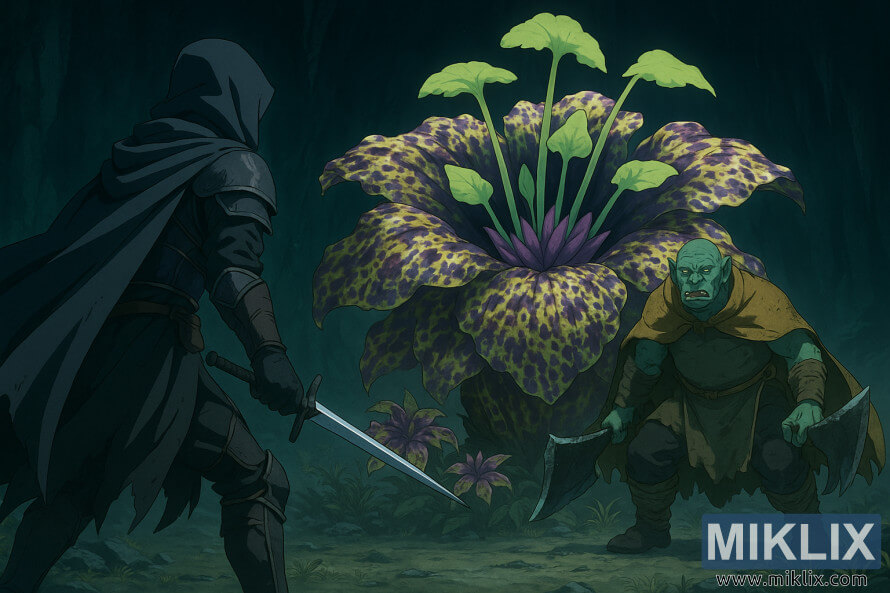 Ubuciko babalandeli be-Elden Ring yesitayela sama-anime obubonisa i-Tarnished ngakwesobunxele ibheke i-Omenkiller kanye ne-Miranda the Blighted Bloom ngaphakathi komhume omnyama.