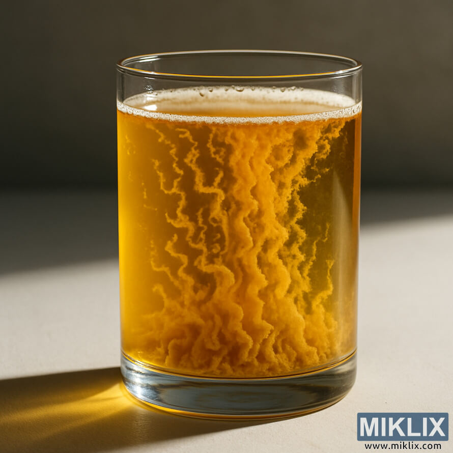 Close-up of a clear glass filled with golden liquid showing dramatic swirling patterns of flocculated yeast cells settling gracefully. Close-up of a clear glass filled with golden liquid showing dramatic swirling patterns of flocculated yeast cells settling gracefully.