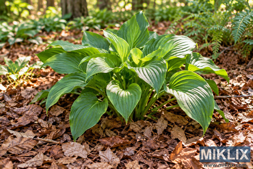 Healthy broad-leaved green plant growing in brown leaf mulch on a sun-dappled woodland floor, with ferns and trees softly blurred behind it. Healthy broad-leaved green plant growing in brown leaf mulch on a sun-dappled woodland floor, with ferns and trees softly blurred behind it.