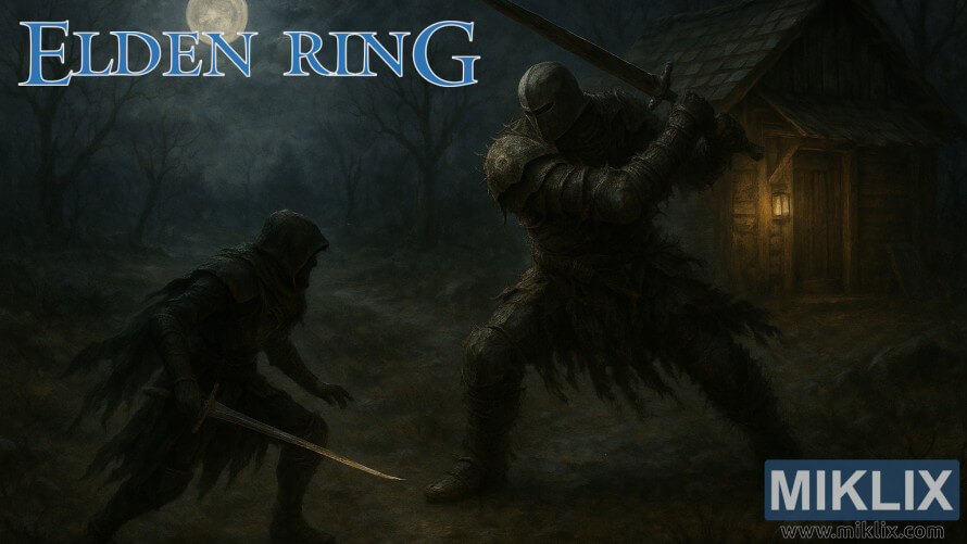 Fan art of Tarnished in Black Knife armor fighting Bell-Bearing Hunter outside Isolated Merchant's Shack Fan art of Tarnished in Black Knife armor fighting Bell-Bearing Hunter outside Isolated Merchant's Shack