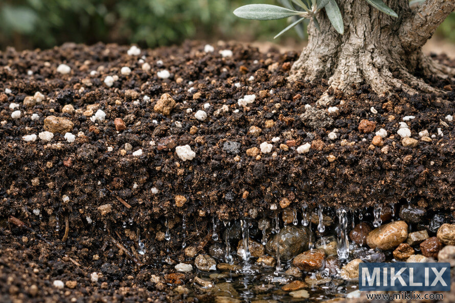 Close-up of a well-draining soil mix for olive trees with perlite, lava rock, pebbles, and visible water drainage at the base of the tree. Close-up of a well-draining soil mix for olive trees with perlite, lava rock, pebbles, and visible water drainage at the base of the tree.