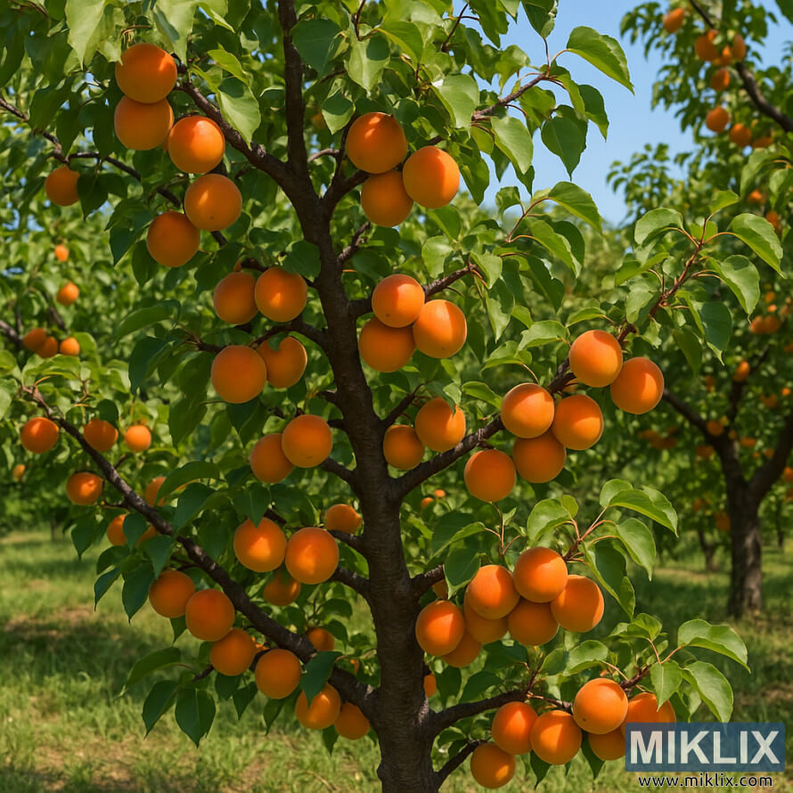 ÐÐ±ÑÐ¸ÐºÐ¾ÑÐ¾Ð²Ð¾Ðµ Ð´ÐµÑÐµÐ²Ð¾ ÐÑÑÐ¿Ð°ÑÐºÐ°, Ð¿Ð¾Ð»Ð½Ð¾Ðµ ÑÐ¿ÐµÐ»ÑÑ Ð¾ÑÐ°Ð½Ð¶ÐµÐ²ÑÑ Ð°Ð±ÑÐ¸ÐºÐ¾ÑÐ¾Ð² Ð² ÑÐ¾Ð»Ð½ÐµÑÐ½Ð¾Ð¼ ÑÐ°Ð´Ñ Ñ Ð·ÐµÐ»ÐµÐ½ÑÐ¼Ð¸ Ð»Ð¸ÑÑÑÑÐ¼Ð¸ Ð¸ ÑÐ¸ÑÑÑÐ¼ Ð³Ð¾Ð»ÑÐ±ÑÐ¼ Ð½ÐµÐ±Ð¾Ð¼.