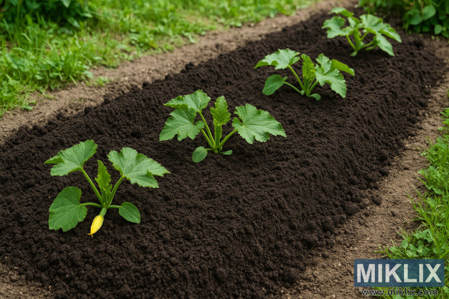 Zengin ve koyu renkli toprakla dolu yÃ¼kseltilmiÅ bir bahÃ§e yataÄÄ±nda yetiÅen genÃ§ kabak fideleri.