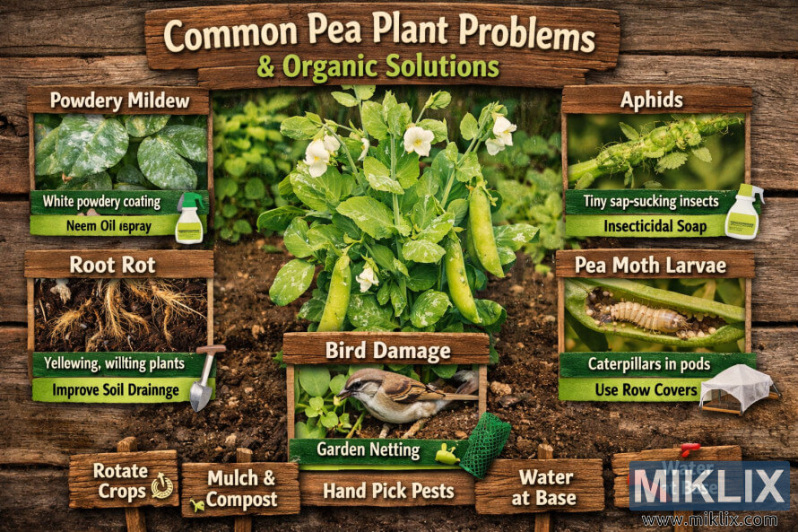 Educational infographic showing common pea plant problems such as powdery mildew, aphids, root rot, pea moth larvae, and bird damage, with organic gardening solutions like neem oil, insecticidal soap, row covers, and garden netting. Educational infographic showing common pea plant problems such as powdery mildew, aphids, root rot, pea moth larvae, and bird damage, with organic gardening solutions like neem oil, insecticidal soap, row covers, and garden netting.