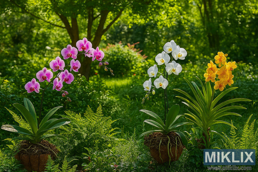 Paysage de jardin avec des orchidÃ©es roses, blanches et jaunes fleurissant parmi une vÃ©gÃ©tation luxuriante sous la lumiÃ¨re vive de lâÃ©tÃ©