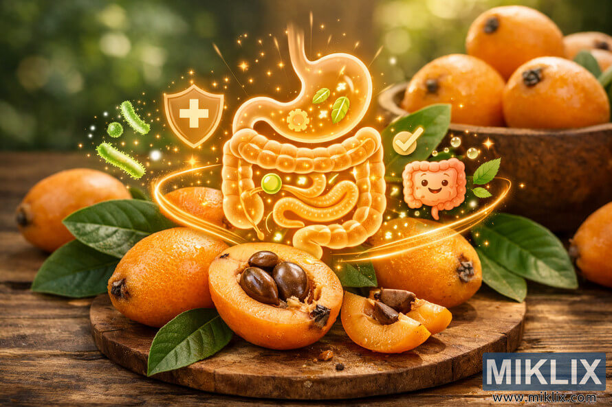 Landscape image of ripe loquat fruits on a rustic wooden table with a glowing, semi-transparent human digestive system illustration overlaid above a halved loquat. Light trails connect the fruits to the stomach and intestines, which contain icons of probiotics, a smiling gut character, a protective shield, and arrows. The foreground loquats are in sharp focus, while a wooden bowl of additional loquats and a sunlit green garden background are softly blurred, creating a visual concept of natural digestive health and wellness. Landscape image of ripe loquat fruits on a rustic wooden table with a glowing, semi-transparent human digestive system illustration overlaid above a halved loquat. Light trails connect the fruits to the stomach and intestines, which contain icons of probiotics, a smiling gut character, a protective shield, and arrows. The foreground loquats are in sharp focus, while a wooden bowl of additional loquats and a sunlit green garden background are softly blurred, creating a visual concept of natural digestive health and wellness.