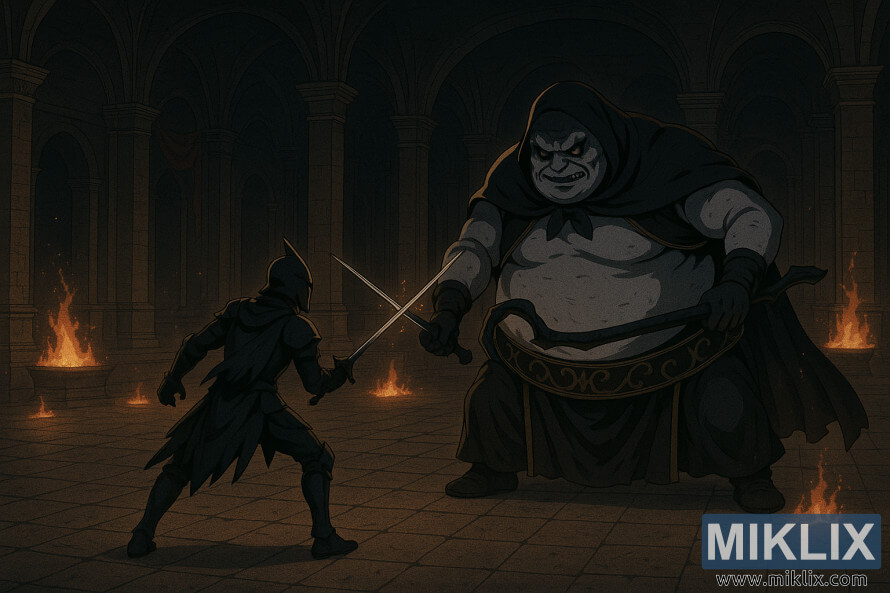 Å iroki kadar u anime stilu oklopljenog Crnog NoÅ¾a, Potamnjelog, suoÄava se sa zlokobnim PlemiÄem BoÅ¾anske KoÅ¾e u plamenim dvoranama Volcano Manora.