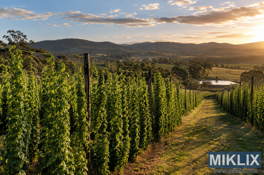 Panoramic golden-hour view over an Australian hop farm, with tall green hop vines on trellises leading down a grassy track toward a rural valley, reflective pond, eucalyptus-like trees, rolling hills, and a softly clouded sunset sky. Panoramic golden-hour view over an Australian hop farm, with tall green hop vines on trellises leading down a grassy track toward a rural valley, reflective pond, eucalyptus-like trees, rolling hills, and a softly clouded sunset sky.