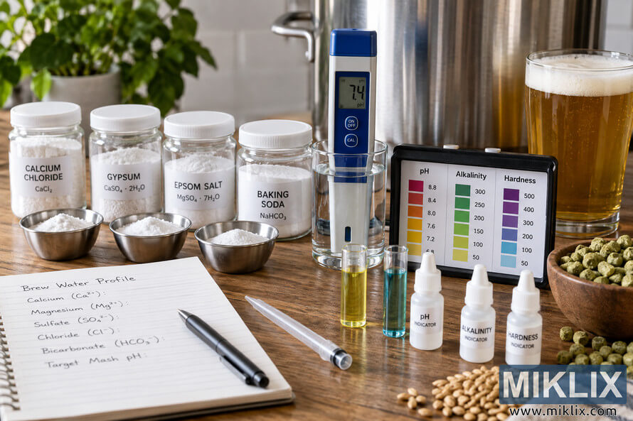 Photorealistic brewing water chemistry workstation with mineral salts, pH meter, test vials, indicator bottles, brewing notebook, hops, malt, stainless brewing equipment, and a glass of golden beer on a wooden workbench. Photorealistic brewing water chemistry workstation with mineral salts, pH meter, test vials, indicator bottles, brewing notebook, hops, malt, stainless brewing equipment, and a glass of golden beer on a wooden workbench.
