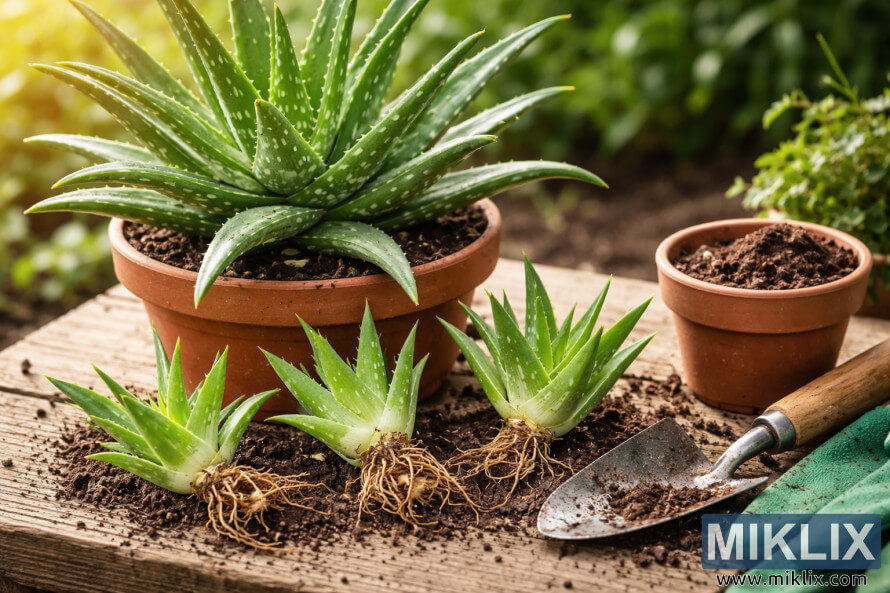 Planta de babosa (aloe vera) em vaso de terracota com várias mudas dispostas sobre uma mesa de madeira, mostrando as raÃzes prontas para propagação, ao lado de ferramentas de jardinagem. Planta de babosa (aloe vera) em vaso de terracota com várias mudas dispostas sobre uma mesa de madeira, mostrando as raÃzes prontas para propagação, ao lado de ferramentas de jardinagem.