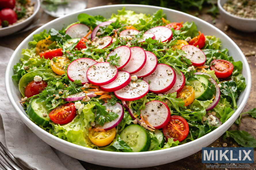 Colorful garden salad in a white bowl featuring sliced radishes on leafy greens with tomatoes, cucumber, herbs, feta, and seeds.