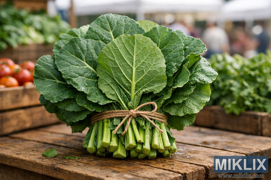 A close-up photograph of a fresh bundle of collard greens tied with twine on a rustic wooden table at an outdoor farmers market, surrounded by crates of colorful vegetables and blurred shoppers in the background. A close-up photograph of a fresh bundle of collard greens tied with twine on a rustic wooden table at an outdoor farmers market, surrounded by crates of colorful vegetables and blurred shoppers in the background.