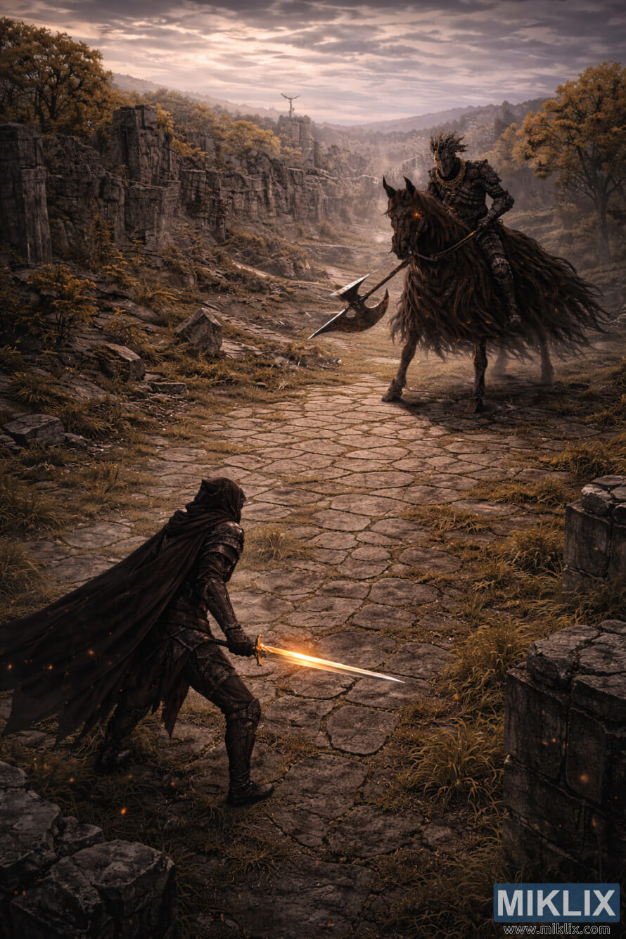 ForhÃ¸yet mÃ¸rk fantasiscene av en hettekledd pansret kriger med et glÃ¸dende sverd som stÃ¥r overfor en ruvende ridder pÃ¥ en steinsti blant gamle ruiner i skumringen.