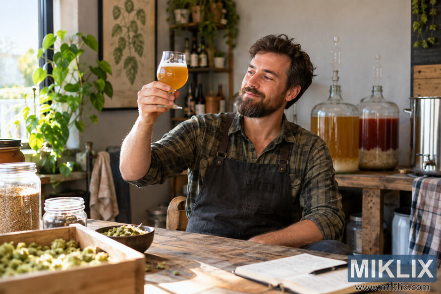 Homebrewer in a rustic brewing room holding up a glass of hazy golden ale, surrounded by fermentation vessels, grain, green hop-like cones, and brewing equipment. Homebrewer in a rustic brewing room holding up a glass of hazy golden ale, surrounded by fermentation vessels, grain, green hop-like cones, and brewing equipment.