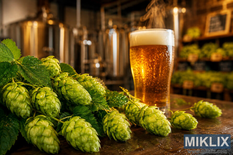 Fresh green Challenger hop cones covered with sparkling dew rest in the foreground beside a clear glass of golden beer, while a softly blurred brewery with stainless steel brewing equipment and shelves of hops creates a warm, inviting background. Fresh green Challenger hop cones covered with sparkling dew rest in the foreground beside a clear glass of golden beer, while a softly blurred brewery with stainless steel brewing equipment and shelves of hops creates a warm, inviting background.