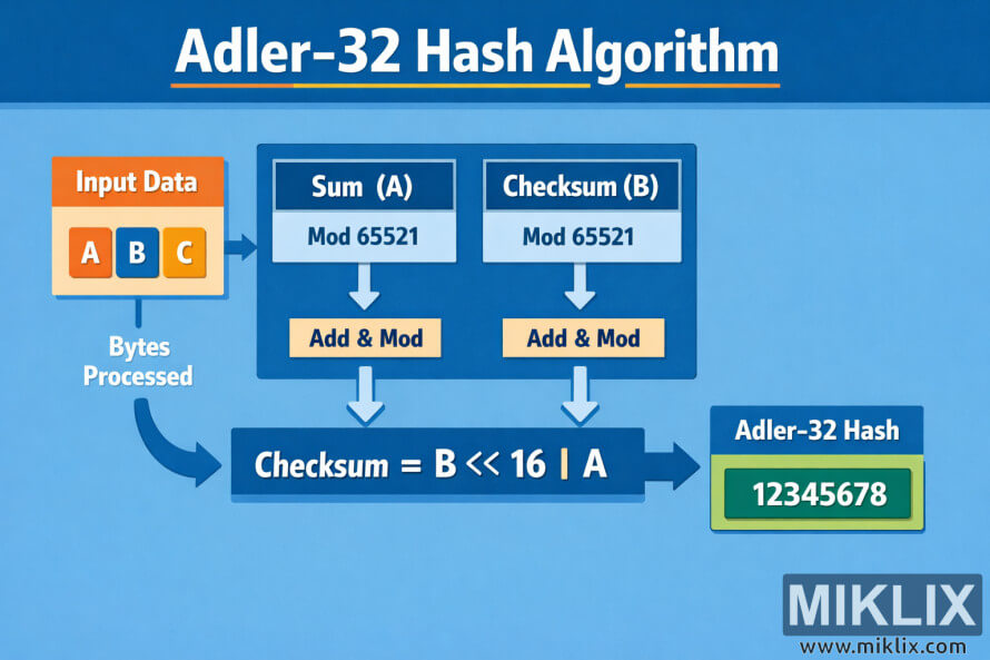 लैंडस्केप इन्फोग्राफिक में इनपुट डेटा को A और B लेबल वाले दो रनिंग सम से गुज़रते हुए दिखाया गया है, जिन्हें मिलाकर एडलर-32 हैश बनाया गया है।