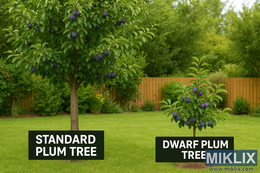 Pohon plum standar dan pohon plum kerdil berdampingan di sebuah taman, keduanya menghasilkan buah plum ungu yang matang.