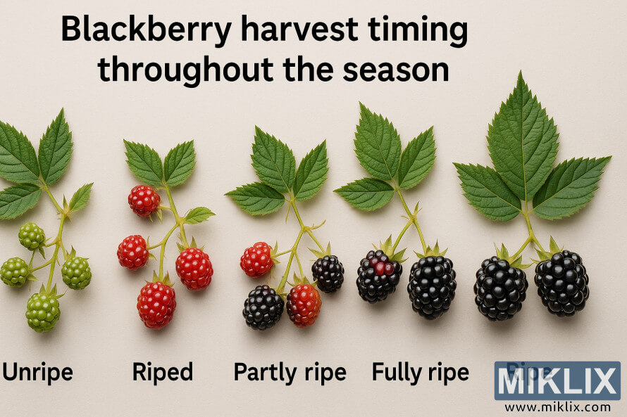 Une rangÃ©e de branches de mÃ»riers montrant les diffÃ©rents stades de maturation, des mÃ»res vertes non mÃ»res aux mÃ»res noires complÃ¨tement mÃ»res, avec des Ã©tiquettes indiquant le moment de la rÃ©colte.