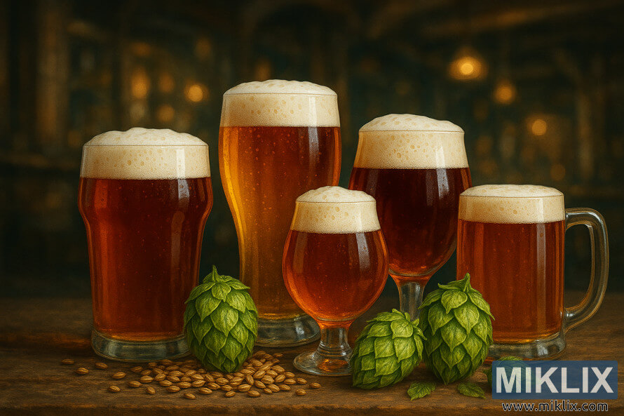 ZÃ¡tiÅ¡ie s rÃ´znymi pivnÃ½mi Å¡tÃ½lmi s vystavenÃ½m chmeÄ¾om a obilninami od Atlasu.