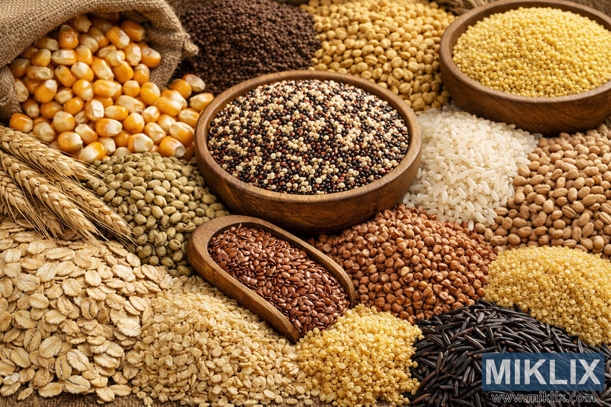 A high-resolution landscape photograph showing a diverse assortment of whole grains including corn, quinoa, rice, and wheat arranged together in bowls and sacks. A high-resolution landscape photograph showing a diverse assortment of whole grains including corn, quinoa, rice, and wheat arranged together in bowls and sacks.