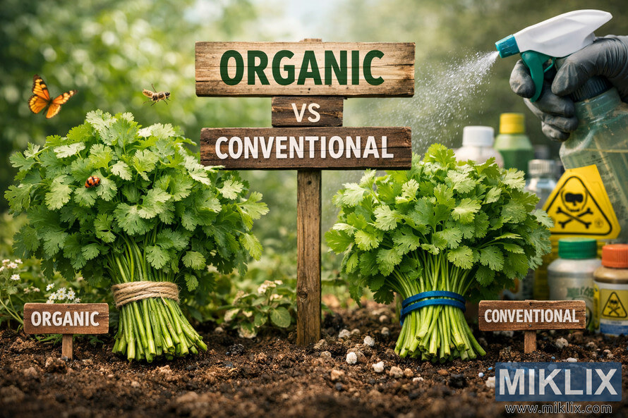 A side-by-side photograph showing organic cilantro on the left and conventional cilantro on the right, separated by a wooden sign reading 'ORGANIC vs CONVENTIONAL'. The organic side features vibrant green cilantro tied with twine, a ladybug, and a butterfly, while the conventional side shows cilantro tied with a blue band being sprayed with pesticides near chemical containers and warning signs. A side-by-side photograph showing organic cilantro on the left and conventional cilantro on the right, separated by a wooden sign reading 'ORGANIC vs CONVENTIONAL'. The organic side features vibrant green cilantro tied with twine, a ladybug, and a butterfly, while the conventional side shows cilantro tied with a blue band being sprayed with pesticides near chemical containers and warning signs.