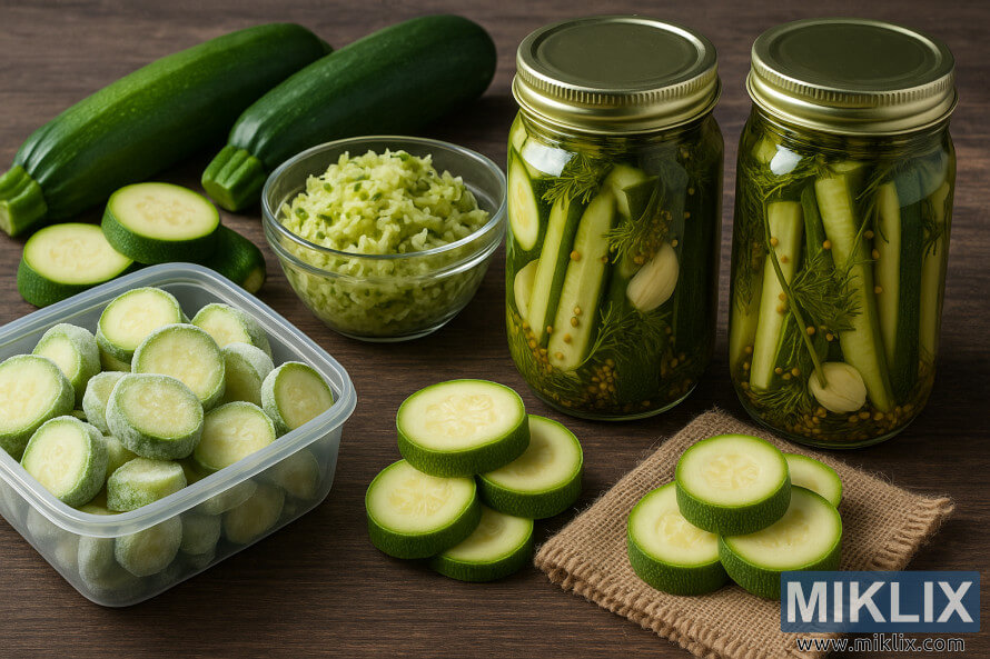 AhÅap bir masa Ã¼zerinde dondurulmuÅ kabak dilimleri, rendelenmiÅ kabak ve turÅu kavanozlarÄ±nÄ± gÃ¶steren bir manzara fotoÄrafÄ±.
