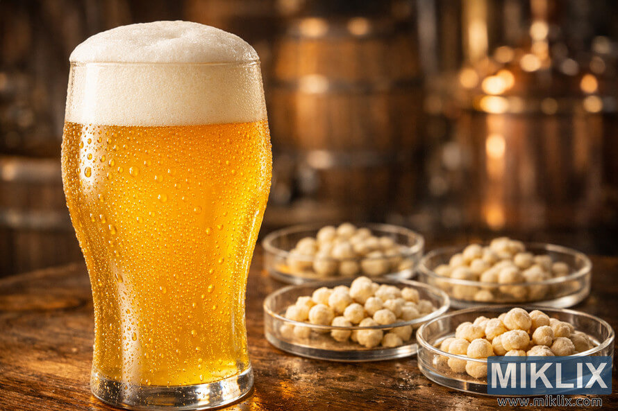 Close-up of a hazy golden wheat beer with creamy white head in a curved glass, condensation visible, petri dishes with yeast and blurred wooden barrels in background. Close-up of a hazy golden wheat beer with creamy white head in a curved glass, condensation visible, petri dishes with yeast and blurred wooden barrels in background.