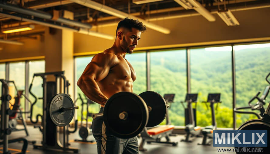 Atlet ridicÃ¢nd haltere Ã®ntr-o salÄ de sport modernÄ, cu luminÄ aurie Èi vedere pitoreascÄ la fereastrÄ.