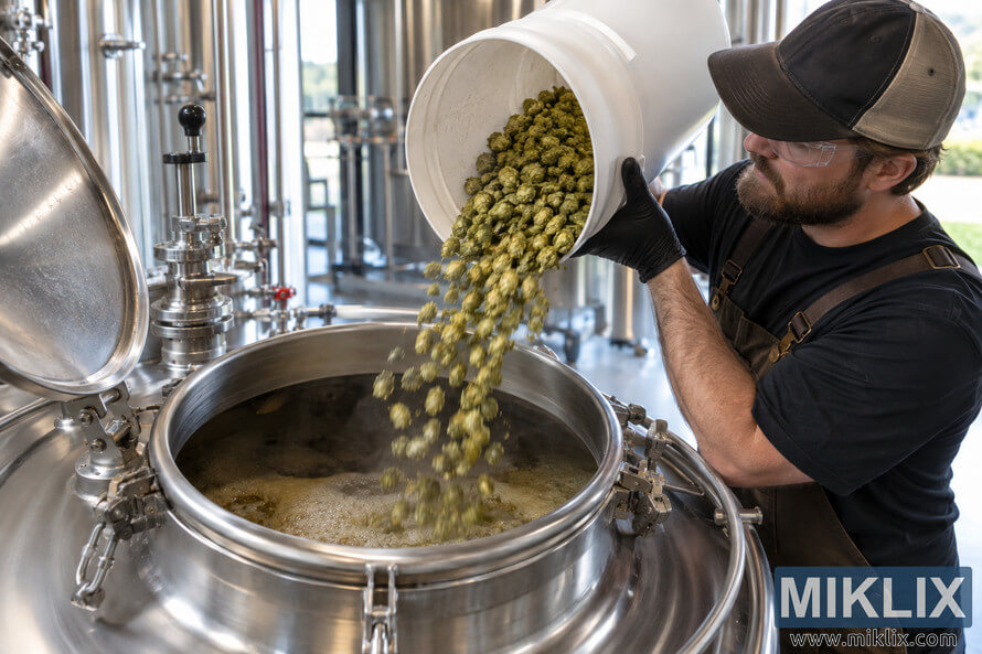 Brewer wearing gloves and safety glasses pours green hops from a white bucket into an open stainless-steel fermenter during fermentation in a modern brewery. Brewer wearing gloves and safety glasses pours green hops from a white bucket into an open stainless-steel fermenter during fermentation in a modern brewery.