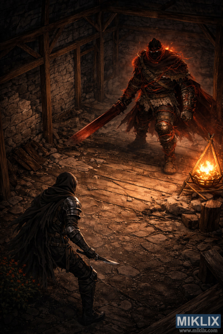 Isometric Elden Ring Ø¢Ø±Ù¹ ÙØ±Ú© Ø¬Ø³ ÙÛÚº ÙÛÚÛ Ø¯Ø§ØºØ¯Ø§Ø± Ø¯Ú©Ú¾Ø§ÛØ§ Ú¯ÛØ§ ÛÛ Ø§ÙØ± Ø¬ÙÚ¯ Ø³Û Ù¾ÛÙÛ ÙØ§Ø±ÙØ§Ø³Ù¹Ø± Ú©Û Ø¬Ú¾ÙÙÙ¾ÚÛ Ú©Û Ø§ÙØ¯Ø± Ø§ÛÚ© Ø¨ÚÛ Ø¨ÛÙ Ø¨ÛØ¦Ø±ÙÚ¯ ÛÙÙ¹Ø± Ú©Ø§ Ø³Ø§ÙÙØ§ ÛÛÛ