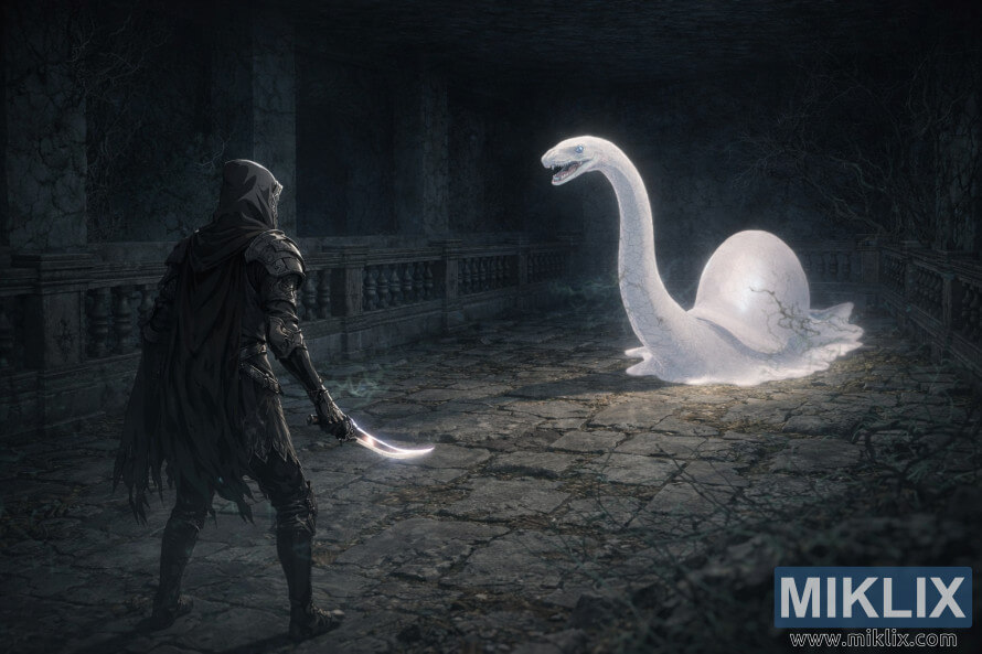 Elden Ring'in Road's End YeraltÄ± MezarlarÄ±'nda Kara BÄ±Ã§ak suikastÃ§Ä±sÄ±nÄ±n Ruh ÃaÄÄ±ran Salyangoz ile karÅÄ± karÅÄ±ya gelmesini gÃ¶steren hayran Ã§izimi.