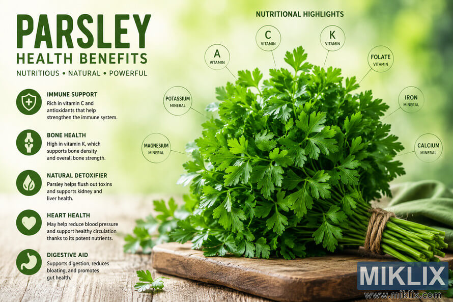 High-resolution landscape infographic featuring a fresh bundle of parsley on a rustic wooden cutting board with labeled vitamins, minerals, and health benefits including immune support, bone health, detoxification, heart health, and digestive aid. High-resolution landscape infographic featuring a fresh bundle of parsley on a rustic wooden cutting board with labeled vitamins, minerals, and health benefits including immune support, bone health, detoxification, heart health, and digestive aid.