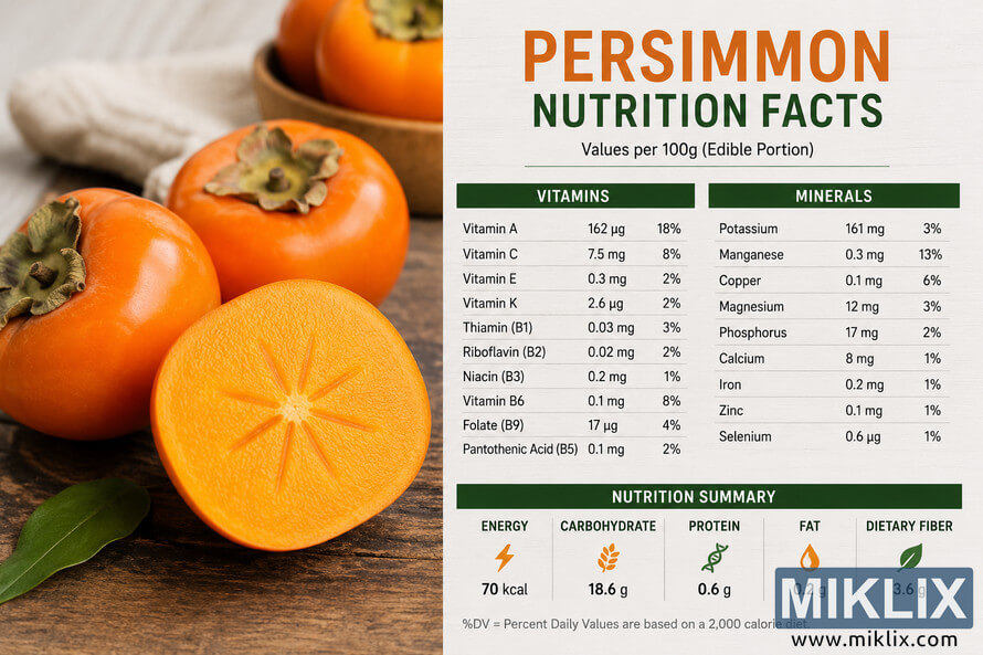 Landscape infographic featuring fresh whole and sliced persimmons on a rustic wooden table beside a detailed nutrition facts chart showing vitamins, minerals, calories, carbohydrates, protein, fat, and dietary fiber values per 100 grams.