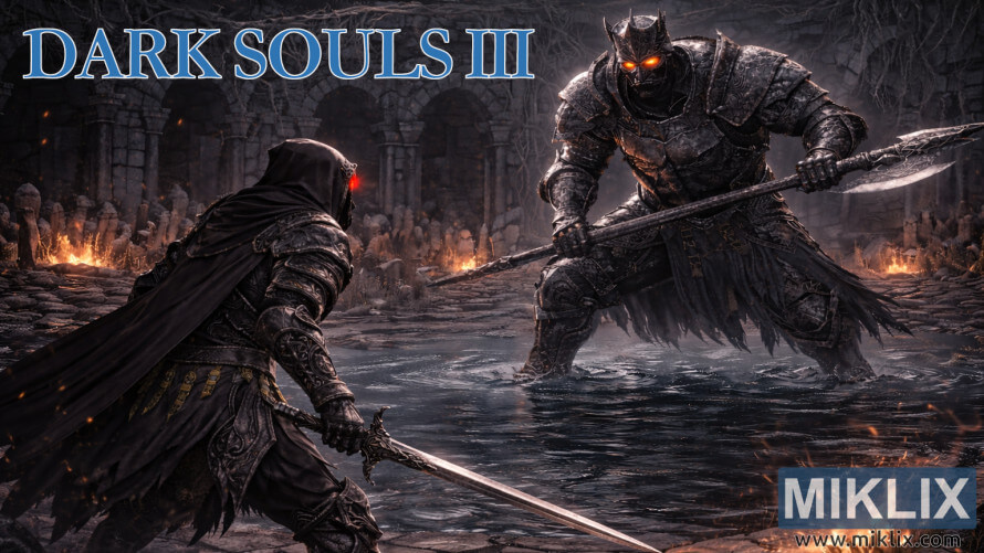Dark Souls III fan art showing the Ashen One in shadow armor facing Champion Gundyr with a halberd in a flooded ruined arena. Dark Souls III fan art showing the Ashen One in shadow armor facing Champion Gundyr with a halberd in a flooded ruined arena.