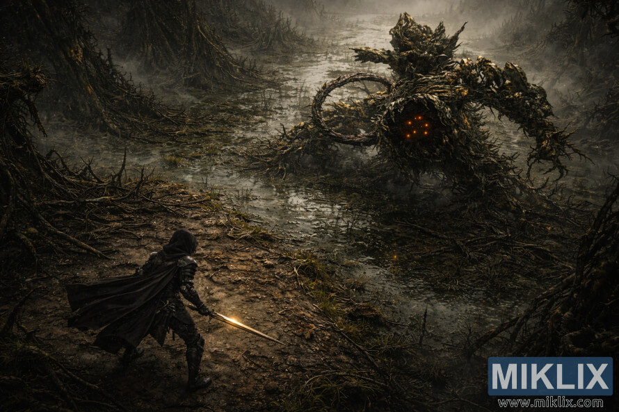 Isometric dark fantasy view of the Tarnished with a sword facing the massive Scadutree Avatar across a flooded, root-choked battlefield just before combat.