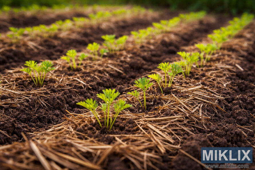 Young parsnip seedlings sprouting in neat garden rows with straw mulch and dark soil under soft natural light.