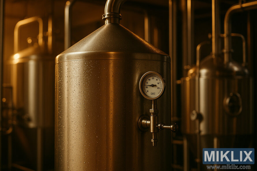 A stainless steel fermentation tank with condensation and a 68Â°F gauge in warm golden brewery lighting.