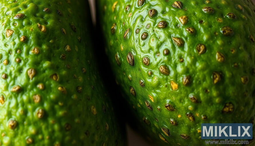 Primer plano de una piel de aguacate vibrante con ricas texturas bajo una suave luz natural.