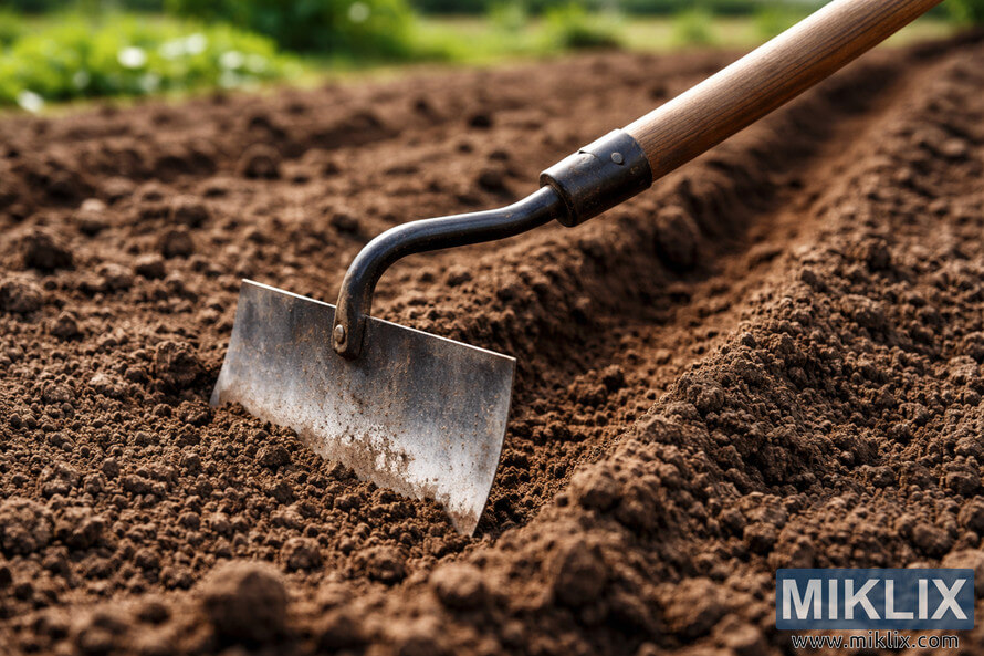 Close-up of a sturdy garden hoe with a metal blade cutting a neat furrow through freshly tilled brown soil in a vegetable garden.