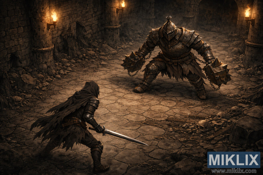 Isometric dark fantasy view of the Tarnished with a sword facing the Grave Warden Duelist in the torchlit Murkwater Catacombs before combat.