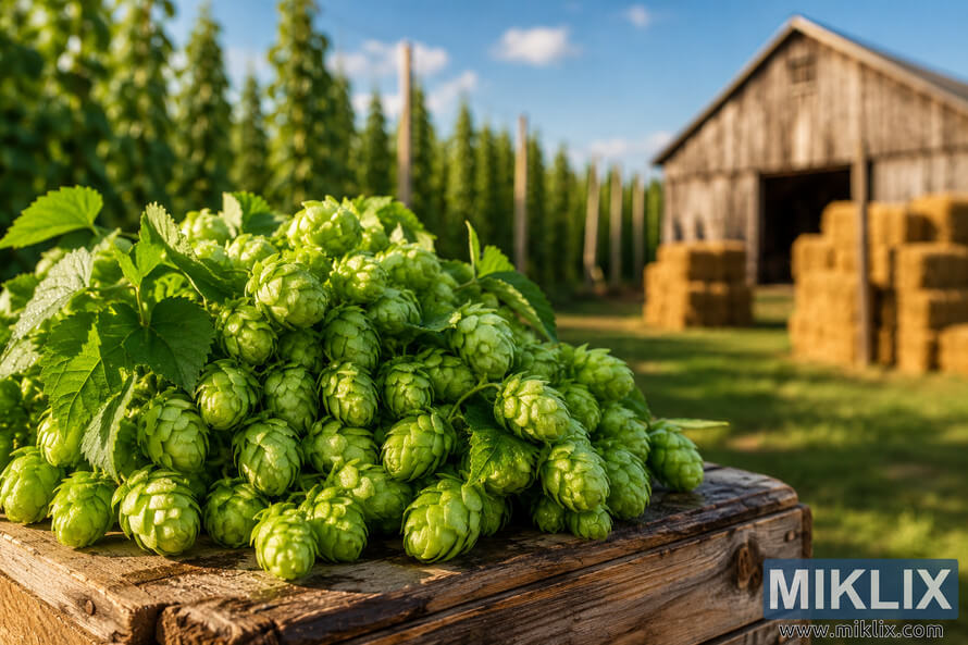 Close-up of fresh green hop cones covered in morning dew resting on a weathered wooden crate, with blurred hop fields, hay bales, and a rustic barn under warm natural sunlight. Close-up of fresh green hop cones covered in morning dew resting on a weathered wooden crate, with blurred hop fields, hay bales, and a rustic barn under warm natural sunlight.