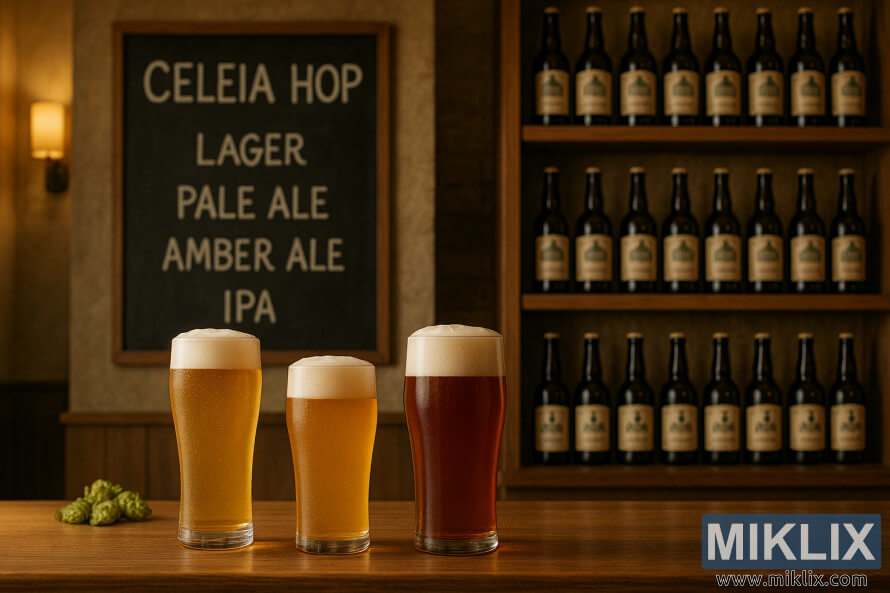 Tiga bir sejuk dalam bilik paip yang hangat dan menarik dengan menu papan tulis dan rak minuman botol.