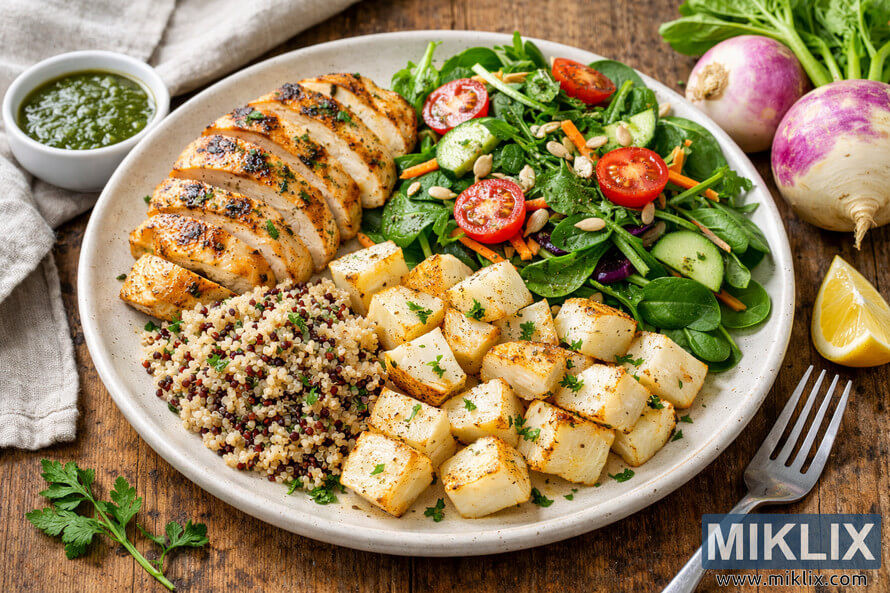 A high-resolution landscape photo of a healthy meal featuring grilled chicken, mixed salad, quinoa, and roasted turnips on a ceramic plate placed on a rustic wooden table. A high-resolution landscape photo of a healthy meal featuring grilled chicken, mixed salad, quinoa, and roasted turnips on a ceramic plate placed on a rustic wooden table.