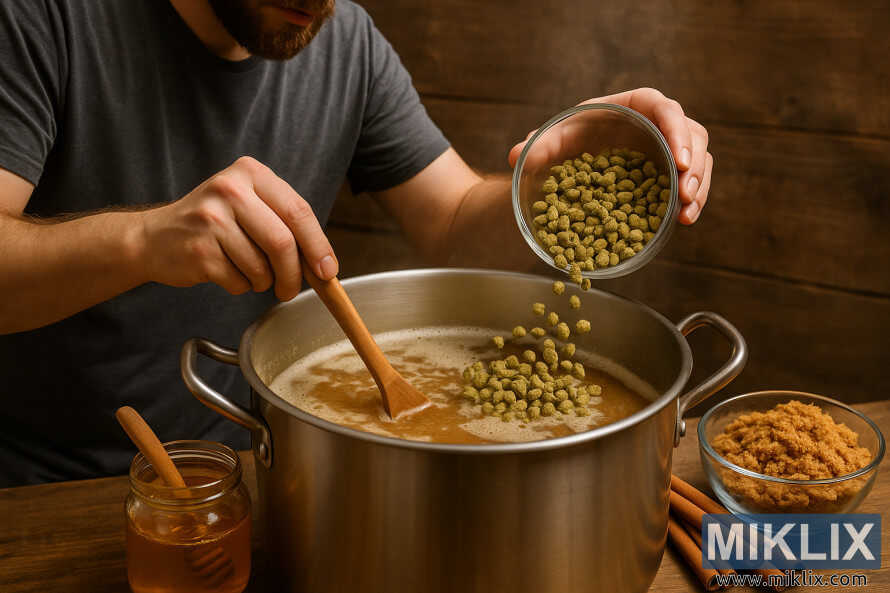 Hjemmebrygger legger humle til en dampende vannkoker med honning, sukker og kanel i nærheten. Hjemmebrygger legger humle til en dampende vannkoker med honning, sukker og kanel i nærheten.