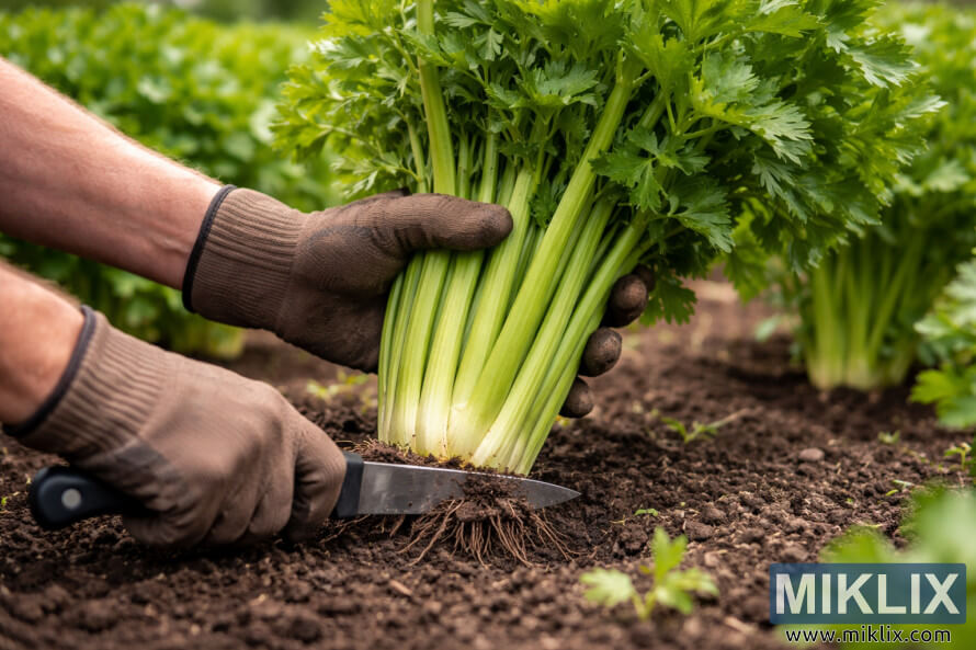 GarÃ°yrkjumaÃ°ur sker Ã¾roskaÃ°a sellerÃ­plÃ¶ntu viÃ° botninn meÃ° hnÃ­f Ã­ matjurtagarÃ°i