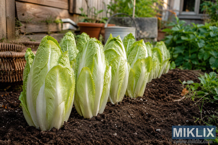 Rows of fresh Belgian endive plants growing in rich dark soil inside a rustic and cozy vegetable garden with wicker baskets, terracotta pots, and soft natural sunlight. Rows of fresh Belgian endive plants growing in rich dark soil inside a rustic and cozy vegetable garden with wicker baskets, terracotta pots, and soft natural sunlight.